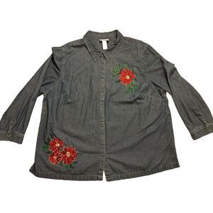 UGLY Christmas LIZ & ME Denim Embroidered Shirt Size 2XL Plus Red FAST SHIP